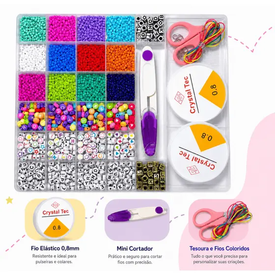 Kit Miçangas para Fazer Pulseira Colar Miçangas + Silicone Infantil DIY