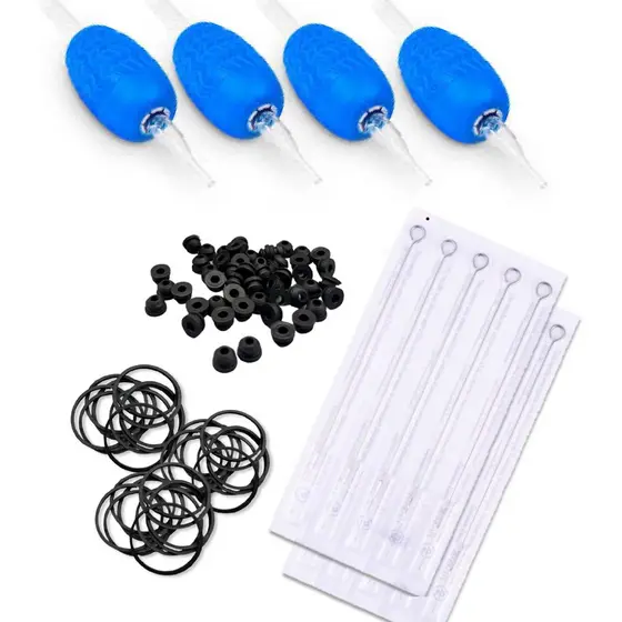 Kit 10 Agulhas e Biqueiras com Elástico e Grommet para Tatuagem Profissional