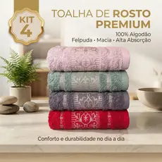 Kit 4 Toalhas Rosto 48x76 Luxo Premium 100% Algodão Felpuda Grossa Bordada