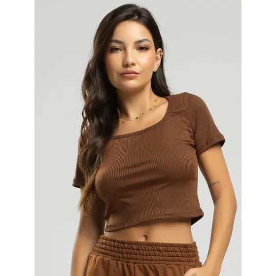 Blusa Cropped Canelado Básico Manga Curta Moda Casual