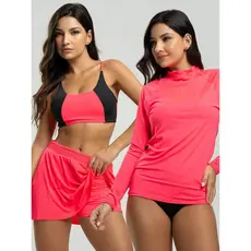 Conjunto Blusa Camisa Térmica Feminina + Top Alcinha + Short Saia Beach Tennis Proteção Solar Uv