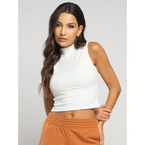 Cropped Básico Regata Gola Alta Canelado Casual Moda Feminina Blogueira