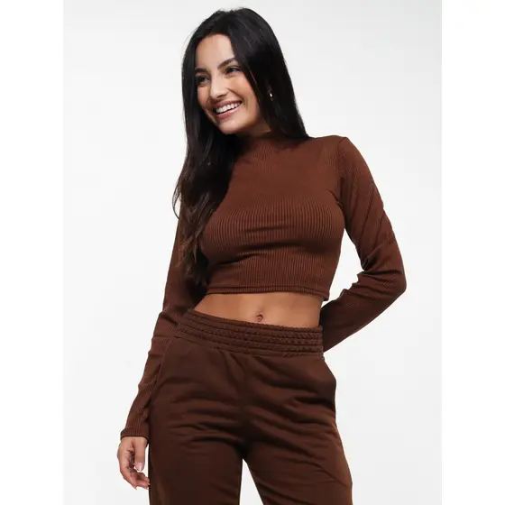 Blusa Cropped Canelado Gola Alta Manga Longa Casual Moda Feminina Blogueira Inverno Frio