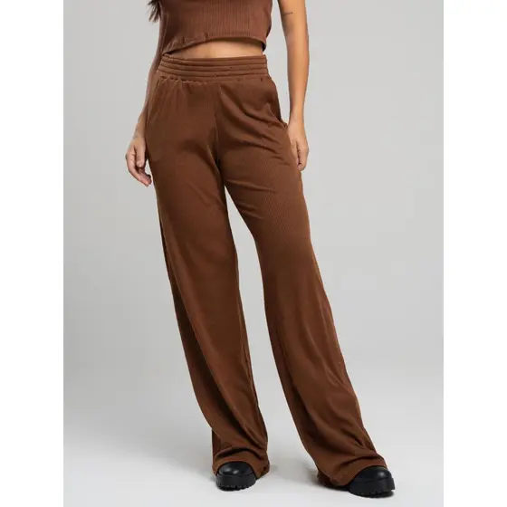 Calça Pantalona Wide Leg Canelada Vicbela Cintura Alta Moda Casual