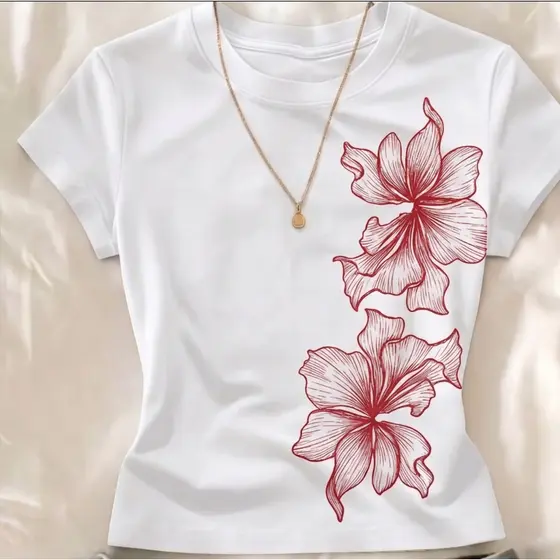Cropped Floral Vermelho Lançamento Baby Tee Feminino Moda