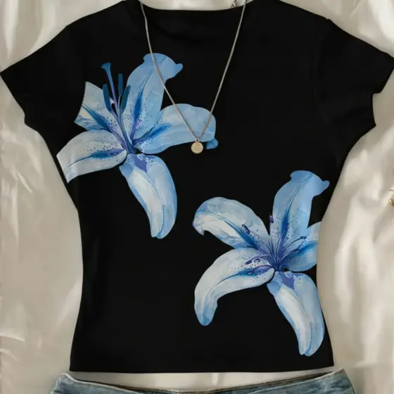Camiseta Cropped Slim Estampada Floral Azul Casual Moda Tendência Verão