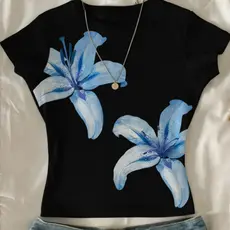 Camiseta Cropped Slim Estampada Floral Azul Casual Moda Tendência Verão