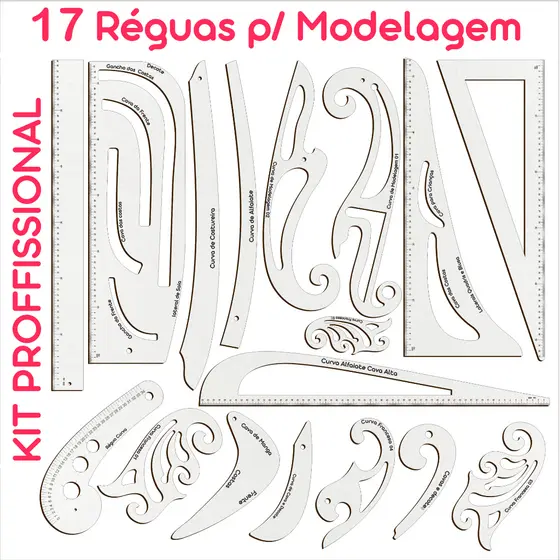 Réguas Corte Costura Francesa Decotes Alfaiate - Kit com 17 Pçs MDF Branco