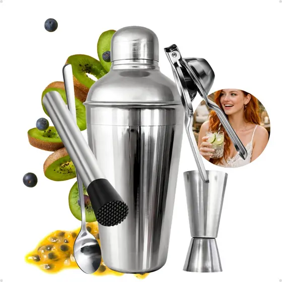 Kit Bartender Caipirinha 5 Peças Inox Espremedor limão Coqueteleira 500 ml Socador Macerador Dosador