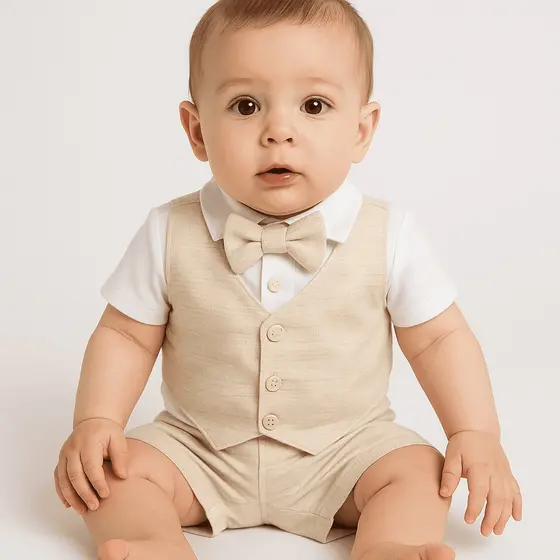 Conjunto Social Bebê Luxo Linho Bege – Body com Colete e Gravata + Shorts Elegante para Batizado e Festa