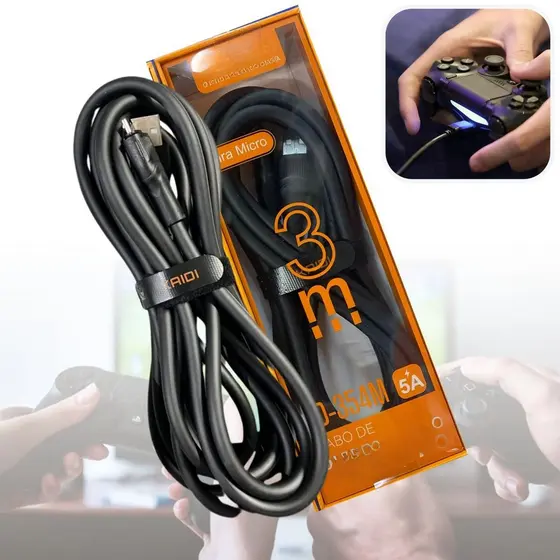 Cabo Carregador Controle PS4 3m USB Energia Bateria Manete Xbox One V8 Trançado Resistente Turbo Rápido Grande 3 Metros