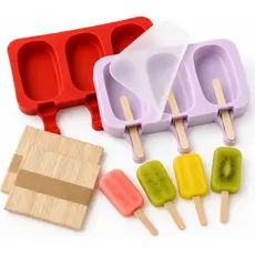 Forma de Sorvete Molde de Picolé de Silicone Com Tampa + 50 Palitos Formas De Picolé Com 3 Cavidades