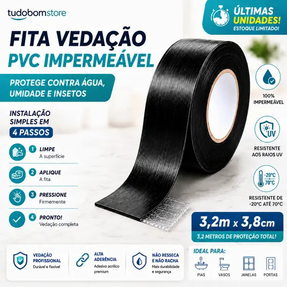 Fita PVC Adesiva Vedação Impermeável Box Banheiro Fogão Cozinha Janelas Prova D'água Preta 3,2m