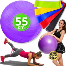Kit Bola Suiça Pilates Fisioterapia 55cm + 5 Elásticos de Exercício Mini Band Faixa Elastica Extensor Treino Funcional