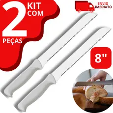 Kit 2 Faca de Pão 8" Em Lâmina De Aço Inox Cabo Plástico Branco Serrada Grande 32,8cm