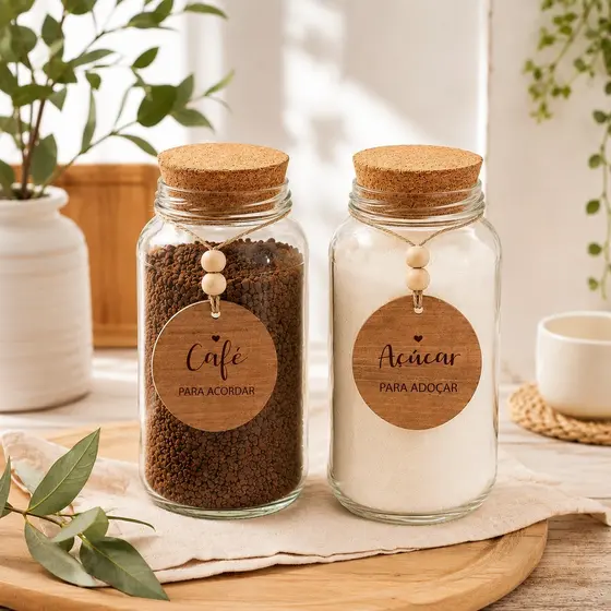 Kit Cantinho do Café | Pote de vidro com tampa rolha cortiça |2 Pingentes | 2 Potes 823ml