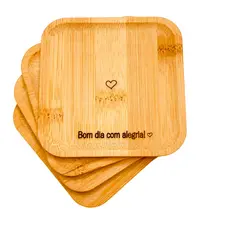 Porta Copos Descanso de Bambu Café Decoração Mesa Cozinha Cantinho Café Com Frase