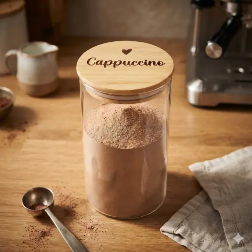 Pote Hermético 650ml Tampa Bambu Personalizada Café Açúcar Cappuccino Biscoit Organizador Mantimentos Cozinha Decorativo