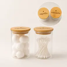 Porta Cotonete e/ou Algodão ou Kit 2 Potes Organizador Vidro e Tampa Bambu