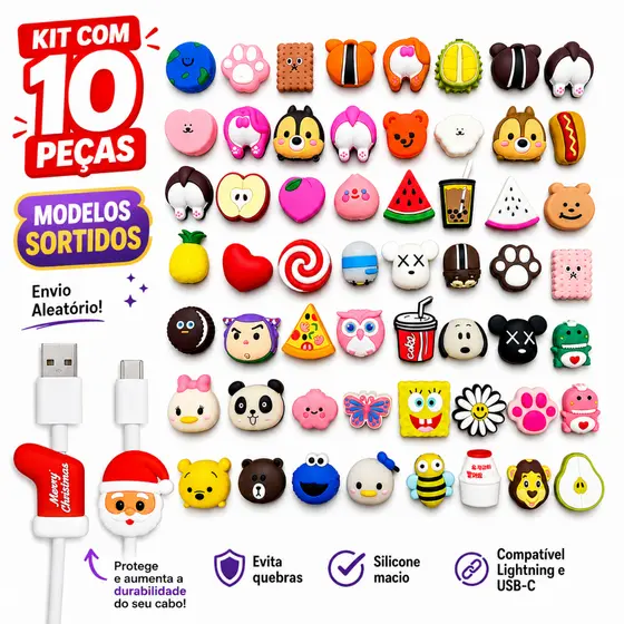 Kit 10 Protetor De Cabo Carregador Iphone Android Desenhos Variados Envio Rápido