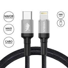 Cabo PD Premium Ultra Reforçado em Nylon de 1,5m Viribus Tipo C para Lightning 5V/2.4A - Preto