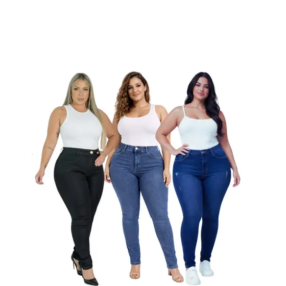 Kit 3 Calças Jeans Feminina Plus Size Cintura Alta Com Elastano Premier Curve
