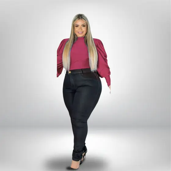 Calça Jeans Feminina Plus Size Preta Cintura Alta Curve