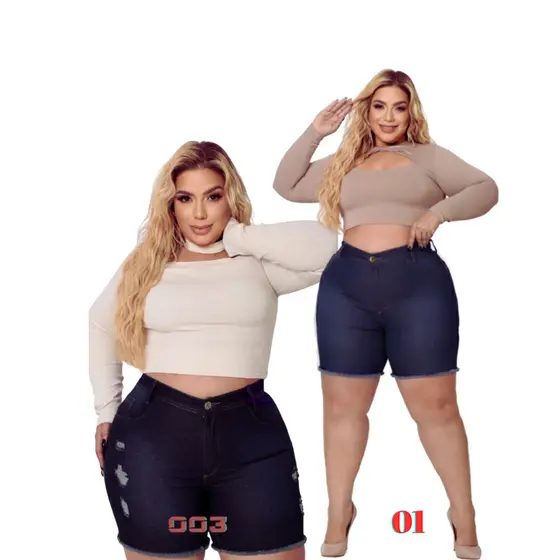 Kit 2 Shorts Jeans Femininos Plus Size Premier Curve Cintura Alta Barra Desfiada