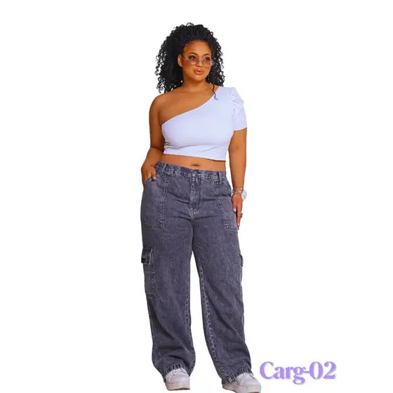 Calça Cargo Feminina Plus Size Jeans 100% Algodão Premium Curve