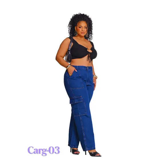 Calça Cargo Feminina Plus Size Jeans 100% Algodão Premium Curve Premium