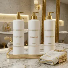 Kit Banheiro Lavabo 3 Frascos 500ml Porta Shampoo E Sabonete Branco Luxo