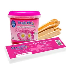 Kit Cera Depilatoria Hidrossoluvel 600g + Espátula Larga 15 Unidades + Papel Depilatorio 20 Unidades
