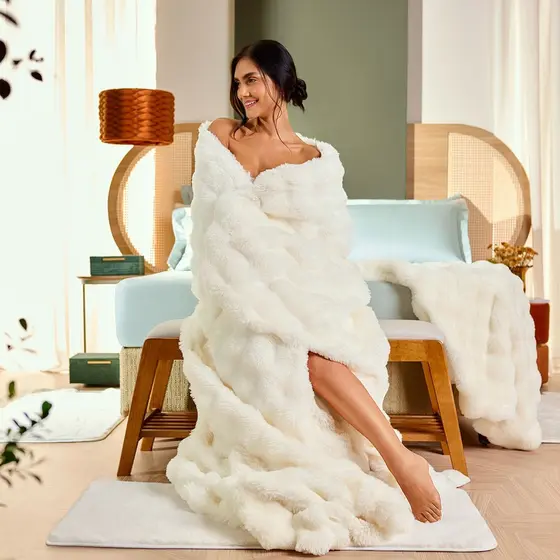 Manta King Blanket Fluffy Golden, Toque Pele de Coelho, 2,30m x 2,50m