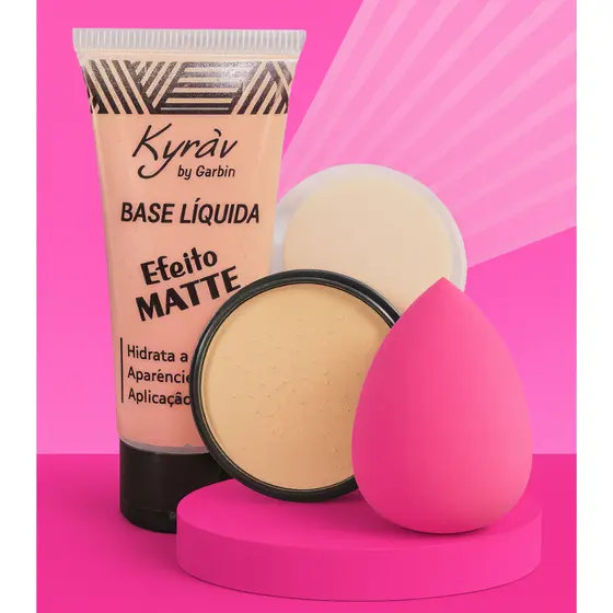 Kit de Maquiagem com Base Matte, Pó Compacto e Esponja 3 itens