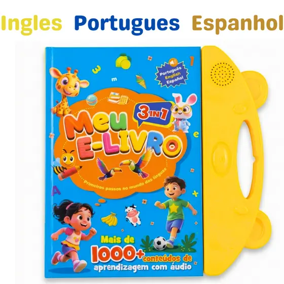 Livro Educativo Infantil Interativo Trilíngue Português Inglês Espanhol com Som Toque Inteligente