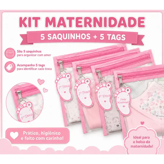 Kit  Saquinho Organizador Bolsa Maternidade + 5 Tag de Identificação de Trocas