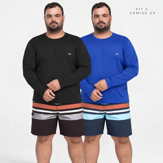 Kit 2 Camisa Plus Size Proteção Solar Masculina UV50+ Segunda Pele Térmica Malha Fria G1 ao G5 Pesca