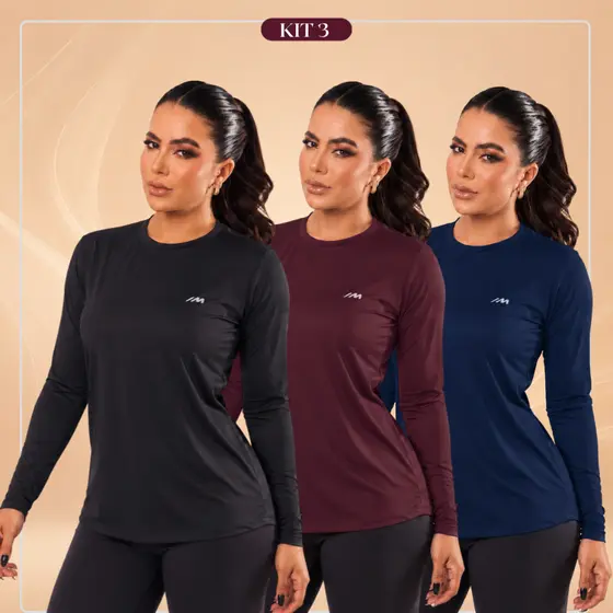 Kit 3 Camisa Térmica Feminina Proteção Solar UV50 Segunda Pele Camiseta Manga Longa Malha Fria Blusa Praia Pesca