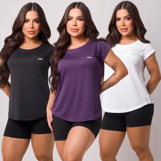 KIT 3 Camiseta Academia Feminina Dry Fit Treino Blusa Furadinha Caminhada Treino Musculação