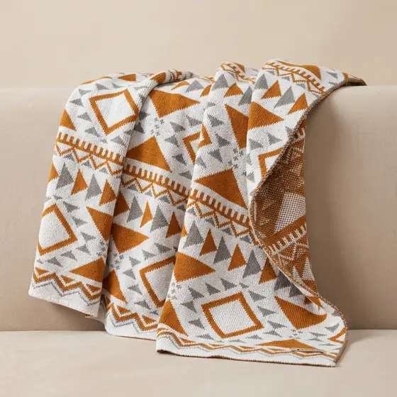 Manta para Sofá de Tricot Poltrona Decoração 150x95cm padrão Geométrico Design Asteca Off Withe , Ferrugem , Cinza Tricô