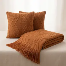 Kit Manta de Tricô + 2 Capas de Almofadas 45X45cm Sofá Poltrona Cobertor Cama 150x90cm Usufruto Decorativa Sala H06