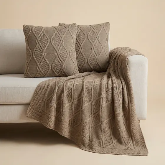 Kit Manta Sofá Poltrona Trico Decorativa 150x90cm +2 Capa Almofada 45x45cm R3