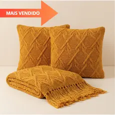 Kit Manta de Tricô + 2 Capas de Almofadas 45X45cm Sofá Poltrona Cobertor Cama 150x90cm Usufruto Decorativa Sala L6