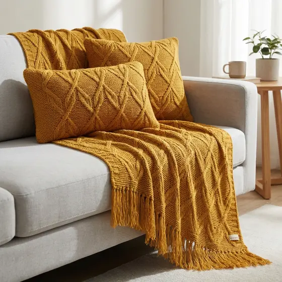 Kit Manta de Tricô com Franjas + 2 Capas de Almofadas Sofá Poltrona Cobertor Cama 150x90cm Usufruto Decorativa Sala L6