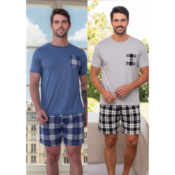 Kit 2 Pijamas  Xadrez Masculino Verão Manga Curta Malha Promoção