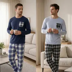 Kit 2 Pijamas Masculino Xadrez de Frio Inverno Manga Longa Calça De Malha Promoção