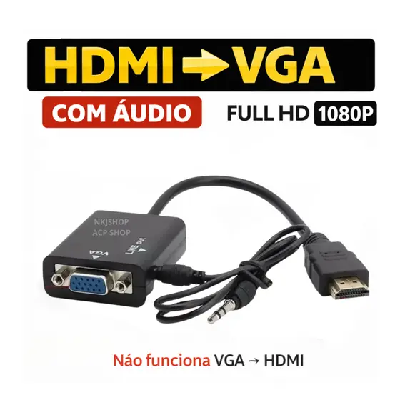 Conversor HDMI Para VGA Com Áudio P2 Full HD 1080p Para Monitor PC Notebook Projetor Box