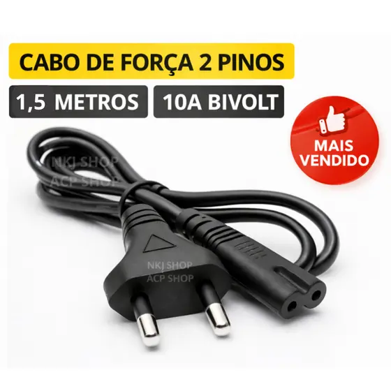 Cabo Tipo 8 para Rádio Antigo 2 Pinos 1,5m TV Caixa de Som Bivolt Compatível Universal Resolve Falha de Energia