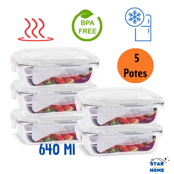 Kit 5 Potes de Vidro 640 ml Hermético Marmita Fit com Tampa 4 Travas