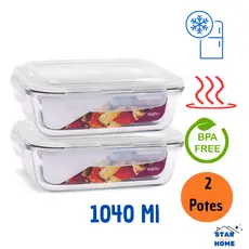 Kit 2 Potes de Vidro Grande 1040ml Hermético Marmita Fit com Tampa 4 Travas